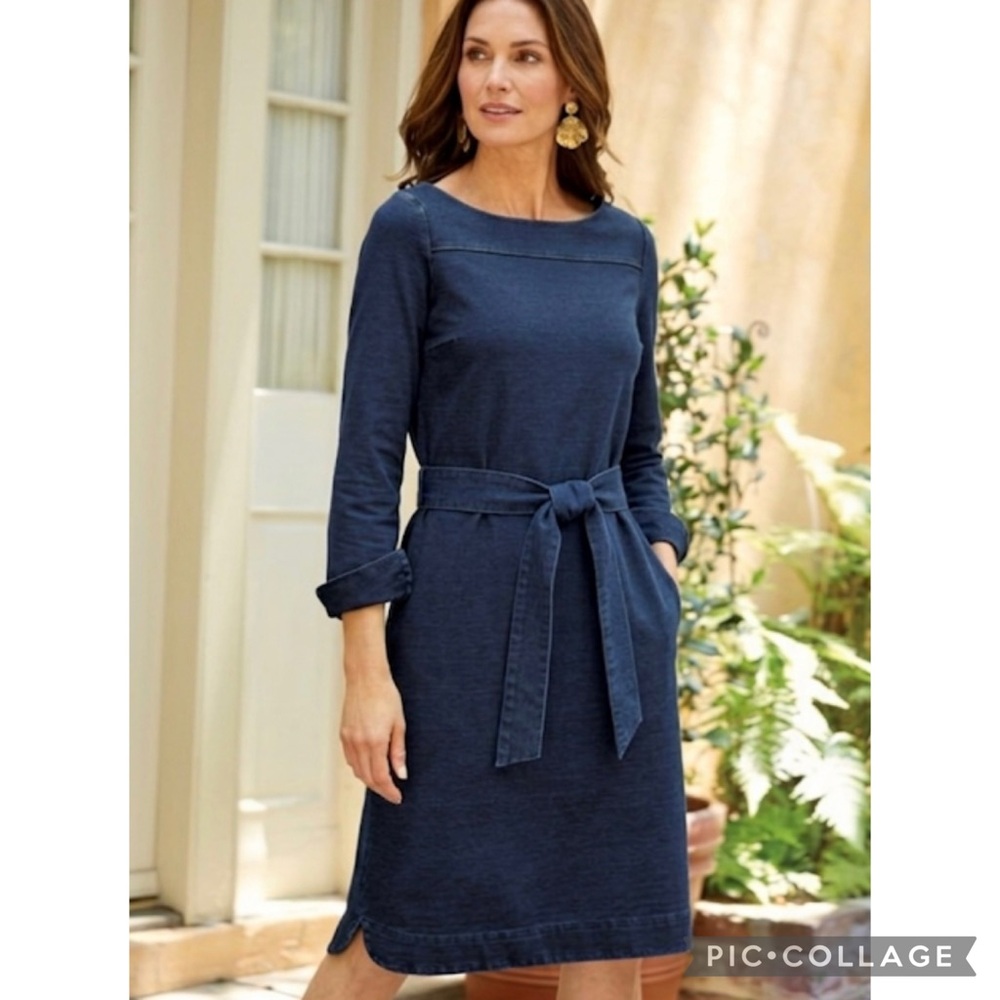Soft Surroundings Deja Vu Dress Belted Knit Navy Blue M Knee Length Preppy